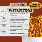 Cooking instructions for instant noodles with a bowl of noodles and text on a brown background.